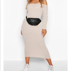 Plus rubbed off shoulder midi dress nude